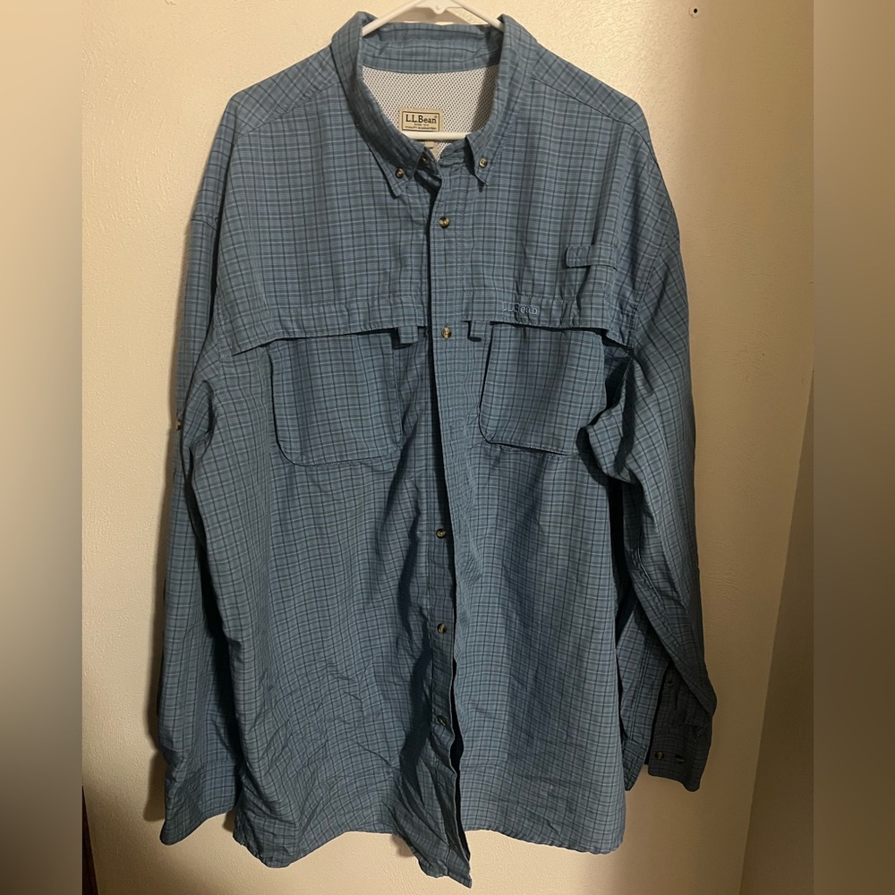 LL BEAN Classic Plaid Long Sleeve Outdoor Fishing Button Down Blue Men's Sz 2XT